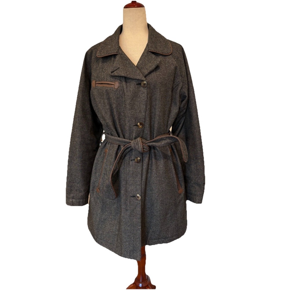 The North Face Wool Bld Belted Black Beige Herringbone Jacket Women XL Primaloft